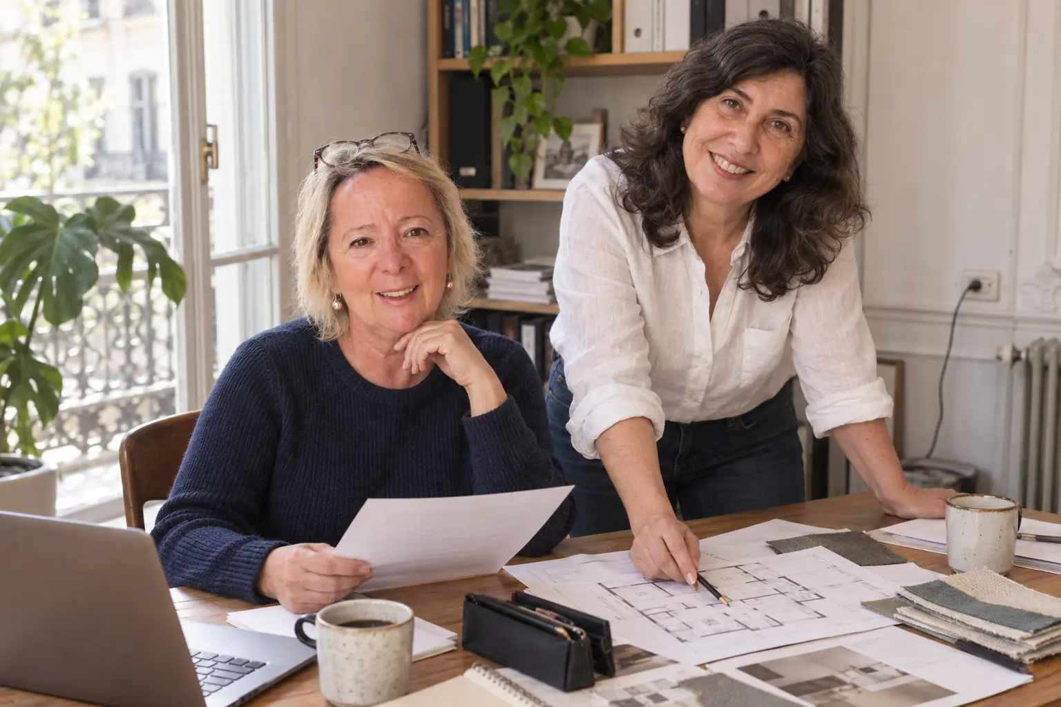 Fernanda y Andrea revisando papeles en un escritorio