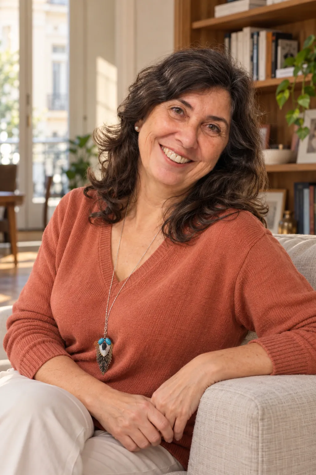 Andrea, diseñadora de interiores, sentada en un living con biblioteca